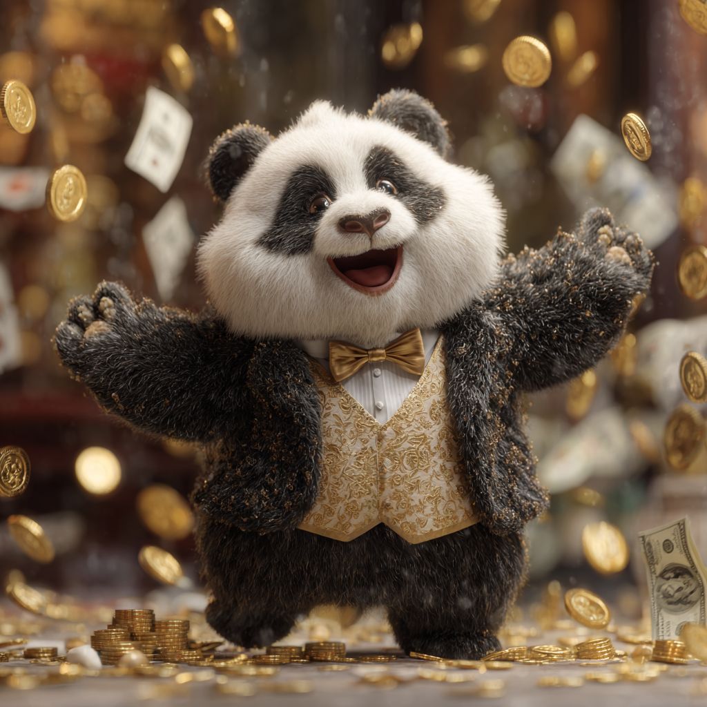 Happy Ywkk panda in a golden vest celebrating as coins and money rain down in a lively casino.