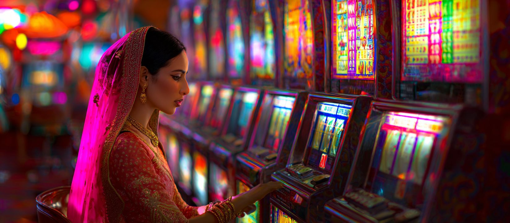 Woman in a pink saree playing Ywkk slot machines in a vibrant neon-lit casino hall.